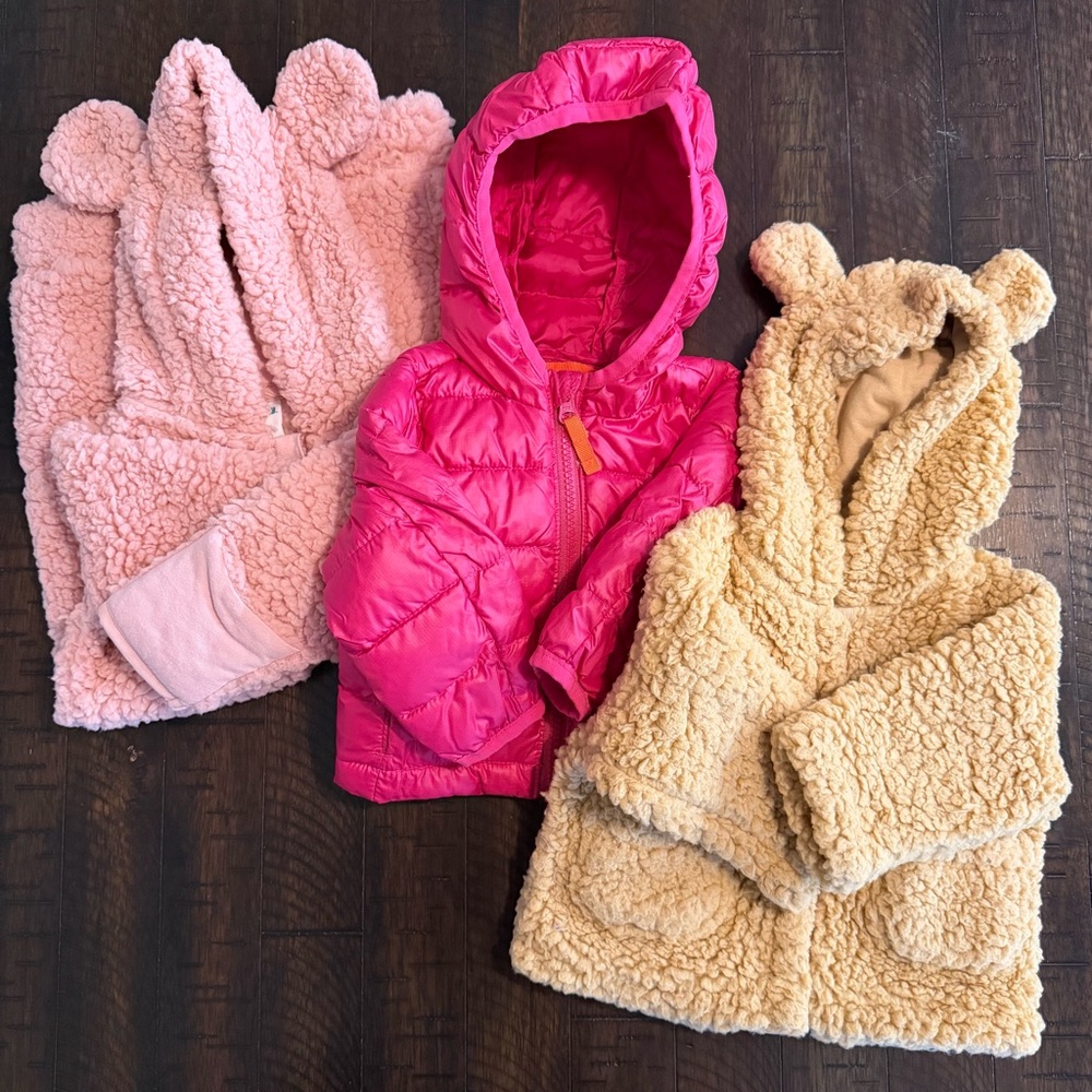Infant outerwear bundle- Primary lightweight jacket, teddy coat, & jumpsuit 0-6m